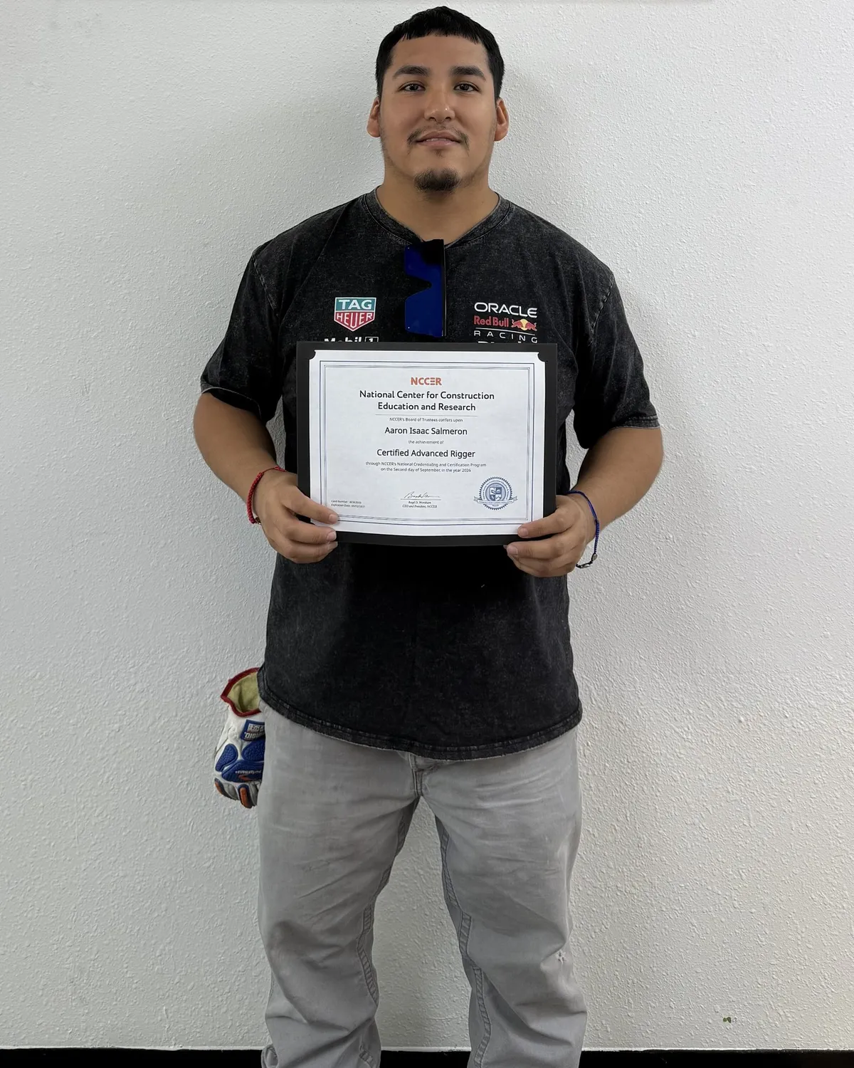 Aaron S. with his NCCER Certified Advanced Rigger certificate
