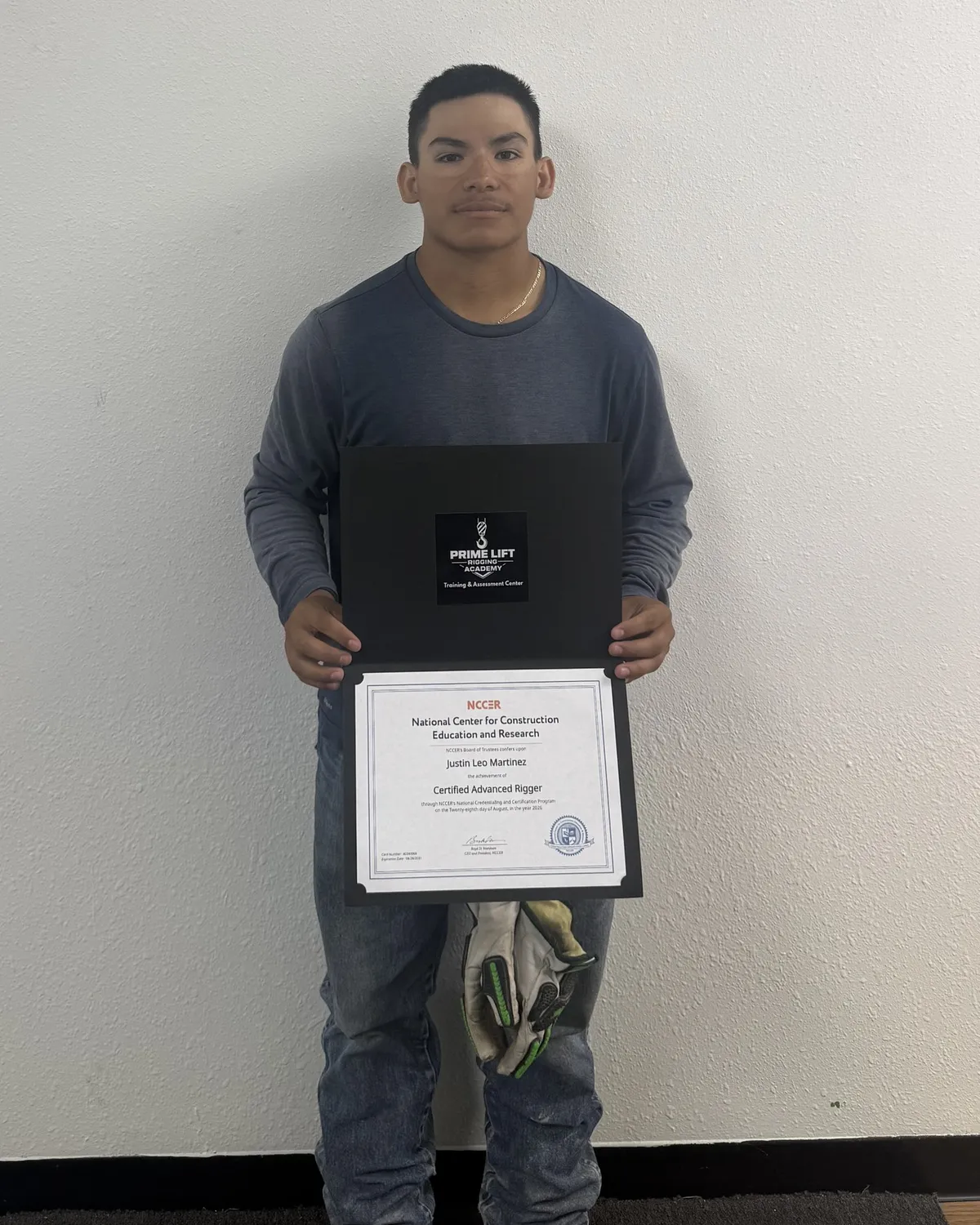 Justin M. with his NCCER Certified Advanced Rigger certificate