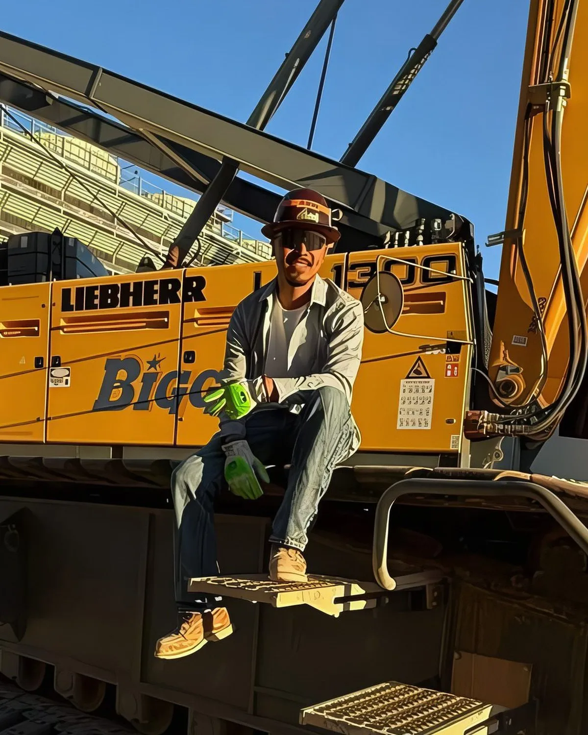 Juan Meza on the tracks of a Liebherr crawler crane at a jobsite